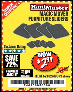 Harbor Freight Coupon MAGIC MOVER FURNITURE SLIDERS Lot No. 40071/62182 Expired: 4/5/19 - $2.99