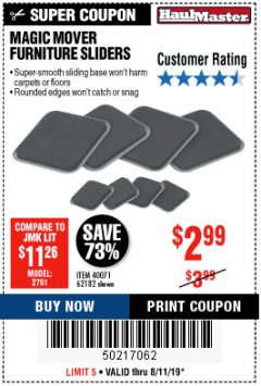 Harbor Freight Coupon MAGIC MOVER FURNITURE SLIDERS Lot No. 40071/62182 Expired: 8/11/19 - $2.99