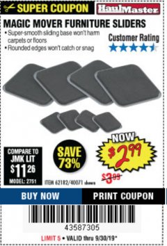 Harbor Freight Coupon MAGIC MOVER FURNITURE SLIDERS Lot No. 40071/62182 Expired: 9/30/19 - $2.99