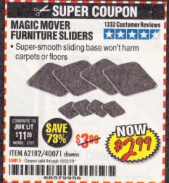 Harbor Freight Coupon MAGIC MOVER FURNITURE SLIDERS Lot No. 40071/62182 Expired: 10/31/19 - $2.99