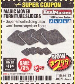 Harbor Freight Coupon MAGIC MOVER FURNITURE SLIDERS Lot No. 40071/62182 Expired: 11/30/19 - $2.99