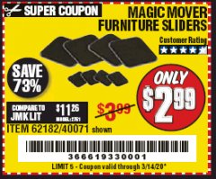 Harbor Freight Coupon MAGIC MOVER FURNITURE SLIDERS Lot No. 40071/62182 Expired: 3/14/20 - $2.99