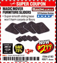 Harbor Freight Coupon MAGIC MOVER FURNITURE SLIDERS Lot No. 40071/62182 Expired: 3/31/20 - $2.99