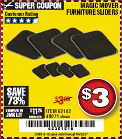 Harbor Freight Coupon MAGIC MOVER FURNITURE SLIDERS Lot No. 40071/62182 Expired: 6/30/20 - $3