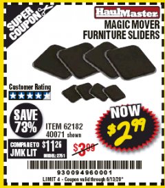 Harbor Freight Coupon MAGIC MOVER FURNITURE SLIDERS Lot No. 40071/62182 Expired: 6/30/20 - $2.99