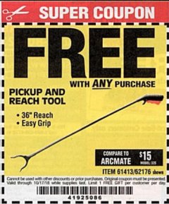 Harbor Freight FREE Coupon 36" PICKUP AND REACH TOOL Lot No. 94870/61413/62176 Expired: 10/17/18 - FWP