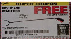 Harbor Freight FREE Coupon 36" PICKUP AND REACH TOOL Lot No. 94870/61413/62176 Expired: 12/22/18 - FWP