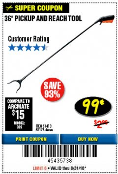 Harbor Freight Coupon 36" PICKUP AND REACH TOOL Lot No. 94870/61413/62176 Expired: 8/31/18 - $0.99