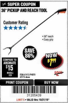 Harbor Freight Coupon 36" PICKUP AND REACH TOOL Lot No. 94870/61413/62176 Expired: 10/31/18 - $1.99