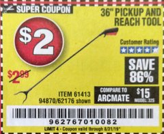 Harbor Freight Coupon 36" PICKUP AND REACH TOOL Lot No. 94870/61413/62176 Expired: 8/31/19 - $2
