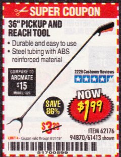 Harbor Freight Coupon 36" PICKUP AND REACH TOOL Lot No. 94870/61413/62176 Expired: 8/31/19 - $1.99