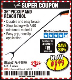 Harbor Freight Coupon 36" PICKUP AND REACH TOOL Lot No. 94870/61413/62176 Expired: 10/31/19 - $1.99