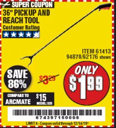 Harbor Freight Coupon 36" PICKUP AND REACH TOOL Lot No. 94870/61413/62176 Expired: 12/14/19 - $1.99