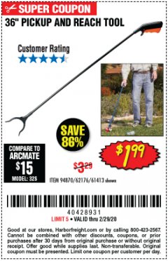 Harbor Freight Coupon 36" PICKUP AND REACH TOOL Lot No. 94870/61413/62176 Expired: 2/29/20 - $1.99