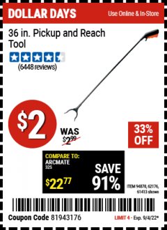 Harbor Freight Coupon 36" PICKUP AND REACH TOOL Lot No. 94870/61413/62176 Expired: 9/4/22 - $2