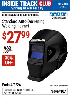 Harbor Freight ITC Coupon CHICAGO ELECTRIC STANDARD AUTO-DARKENING WELDING HELMET Lot No. 46092/61611 Expired: 4/9/26 - $27.99