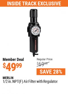 Harbor Freight Coupon 1/2 IN NPT(F) AIR FILTER WITH REGULATOR Lot No. 58182 Expired: 7/1/21 - $49.99