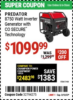 Harbor Freight Coupon PREDATOR 8750 WATT INVERTER GENERATOR WITH CO SECURE Lot No. 57480 Expired: 3/13/22 - $1099.99