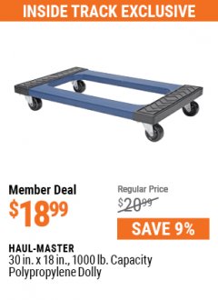 Harbor Freight Coupon HAUL-MASTER 30 IN. X 18 IN. 1000 LB. CAPACITY POLYPROPYLENE DOLLY Lot No. 61167 Expired: 7/1/21 - $18.99