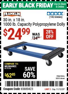 Harbor Freight Coupon HAUL-MASTER 30 IN. X 18 IN. 1000 LB. CAPACITY POLYPROPYLENE DOLLY Lot No. 61167 Expired: 11/12/23 - $24.99