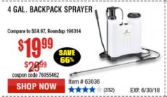 Harbor Freight Coupon 4 GALLON BACKPACK SPRAYER Lot No. 93302/61368/63036/63092 Expired: 6/30/18 - $19.99