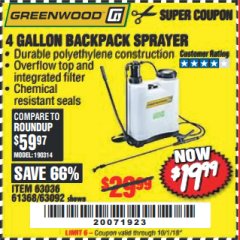 Harbor Freight Coupon 4 GALLON BACKPACK SPRAYER Lot No. 93302/61368/63036/63092 Expired: 10/1/18 - $19.99