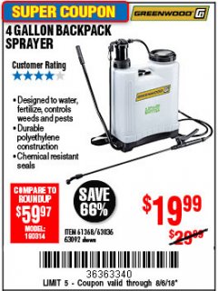 Harbor Freight Coupon 4 GALLON BACKPACK SPRAYER Lot No. 93302/61368/63036/63092 Expired: 8/6/18 - $19.99