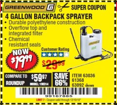 Harbor Freight Coupon 4 GALLON BACKPACK SPRAYER Lot No. 93302/61368/63036/63092 Expired: 12/10/18 - $19.99
