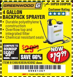 Harbor Freight Coupon 4 GALLON BACKPACK SPRAYER Lot No. 93302/61368/63036/63092 Expired: 1/11/19 - $19.99