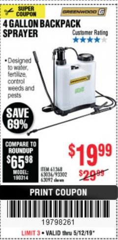 Harbor Freight Coupon 4 GALLON BACKPACK SPRAYER Lot No. 93302/61368/63036/63092 Expired: 5/12/19 - $19.99