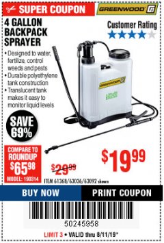 Harbor Freight Coupon 4 GALLON BACKPACK SPRAYER Lot No. 93302/61368/63036/63092 Expired: 8/11/19 - $19.99