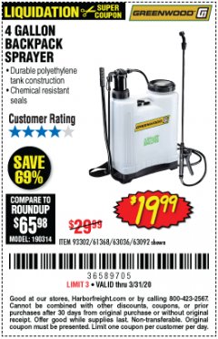 Harbor Freight Coupon 4 GALLON BACKPACK SPRAYER Lot No. 93302/61368/63036/63092 Expired: 3/31/20 - $19.99