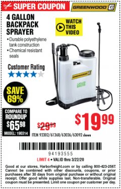 Harbor Freight Coupon 4 GALLON BACKPACK SPRAYER Lot No. 93302/61368/63036/63092 Expired: 3/22/20 - $19.99