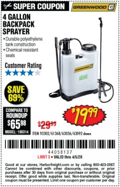 Harbor Freight Coupon 4 GALLON BACKPACK SPRAYER Lot No. 93302/61368/63036/63092 Expired: 6/30/20 - $19.99