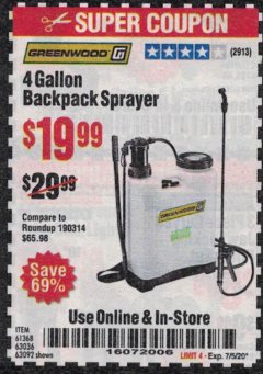 Harbor Freight Coupon 4 GALLON BACKPACK SPRAYER Lot No. 93302/61368/63036/63092 Expired: 7/5/20 - $19.99