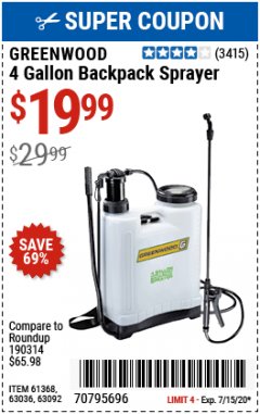 Harbor Freight Coupon 4 GALLON BACKPACK SPRAYER Lot No. 93302/61368/63036/63092 Expired: 7/15/20 - $19.99