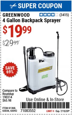 Harbor Freight Coupon 4 GALLON BACKPACK SPRAYER Lot No. 93302/61368/63036/63092 Expired: 7/15/20 - $19.99