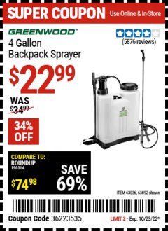 Harbor Freight Coupon 4 GALLON BACKPACK SPRAYER Lot No. 93302/61368/63036/63092 Expired: 10/23/22 - $22.99