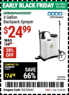 Harbor Freight Coupon 4 GALLON BACKPACK SPRAYER Lot No. 93302/61368/63036/63092 Expired: 11/23/21 - $24.99