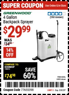 Harbor Freight Coupon 4 GALLON BACKPACK SPRAYER Lot No. 93302/61368/63036/63092 Expired: 3/9/23 - $29.99