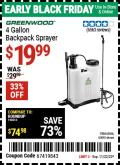 Harbor Freight Coupon 4 GALLON BACKPACK SPRAYER Lot No. 93302/61368/63036/63092 Expired: 11/22/23 - $19.99