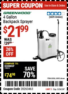 Harbor Freight Coupon 4 GALLON BACKPACK SPRAYER Lot No. 93302/61368/63036/63092 Expired: 3/22/24 - $21.99