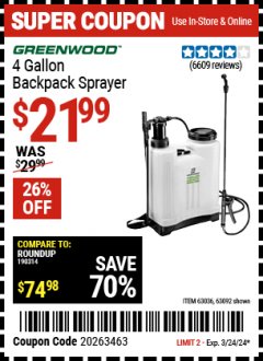 Harbor Freight Coupon GREENWOOD 4 GALLON BACKPACK SPRAYER Lot No. 63092/63036 Expired: 3/22/24 - $21.99