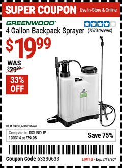 Harbor Freight Coupon GREENWOOD 4 GALLON BACKPACK SPRAYER Lot No. 63092/63036 Expired: 7/19/26 - $19.99