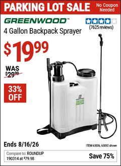 Harbor Freight Coupon GREENWOOD 4 GALLON BACKPACK SPRAYER Lot No. 63092/63036 EXPIRES: 8/16/26 - $19.99