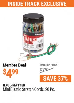Harbor Freight Coupon HAUL-MASTER MINI ELASTIC STRETCH CORDS, 20 PC. Lot No. 93672 Expired: 7/1/21 - $4.99