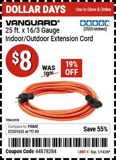 Harbor Freight Coupon VANGUARD 25 FT. X 16/3 GAUGE INDOOR/OUTDOOR EXTENSION CORD, ORANGE Lot No. 62938 Valid Thru: 1/14/26 - $8