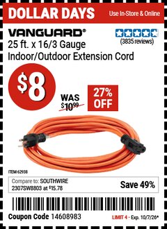 Harbor Freight Coupon VANGUARD 25 FT. X 16/3 GAUGE INDOOR/OUTDOOR EXTENSION CORD, ORANGE Lot No. 62938 Valid Thru: 10/7/26 - $8