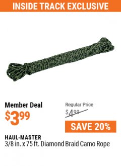Harbor Freight ITC Coupon 3/8" x 75 FT. CAMOUFLAGE POLY ROPE Lot No. 47835/61674 Expired: 7/29/21 - $3.99