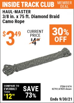 Harbor Freight ITC Coupon 3/8" x 75 FT. CAMOUFLAGE POLY ROPE Lot No. 47835/61674 Expired: 9/30/21 - $3.49